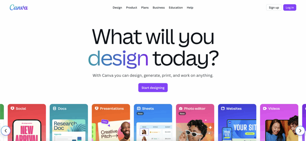 Canva vs prezi - canva homepage screenshot 